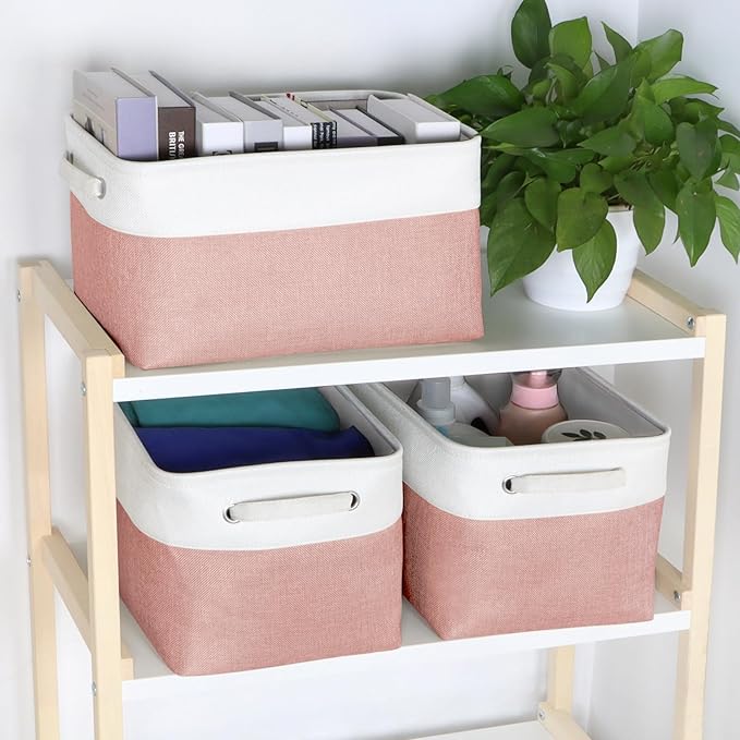 Kntiwiwo Foldable Storage Bins 15" x 10" x 9.5" Fabric Storage Basket Cube with Handles Large Linen Closet Organizer Bins for Organizing Shelf Home, Set of 3, Pink-Ruum Studio Home