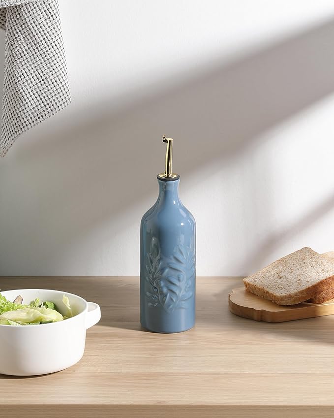 Sweejar Ceramic Olive Oil Dispenser Bottle 20 Oz Relief Opaque Oil Cruet Protects To Reduce Oxidation Suitable for Storage Vinegar, Soy Sauce, Coffee Syrup, Liquids, Set of 1 (Fogblue Gold Spout)-Ruum Studio Home