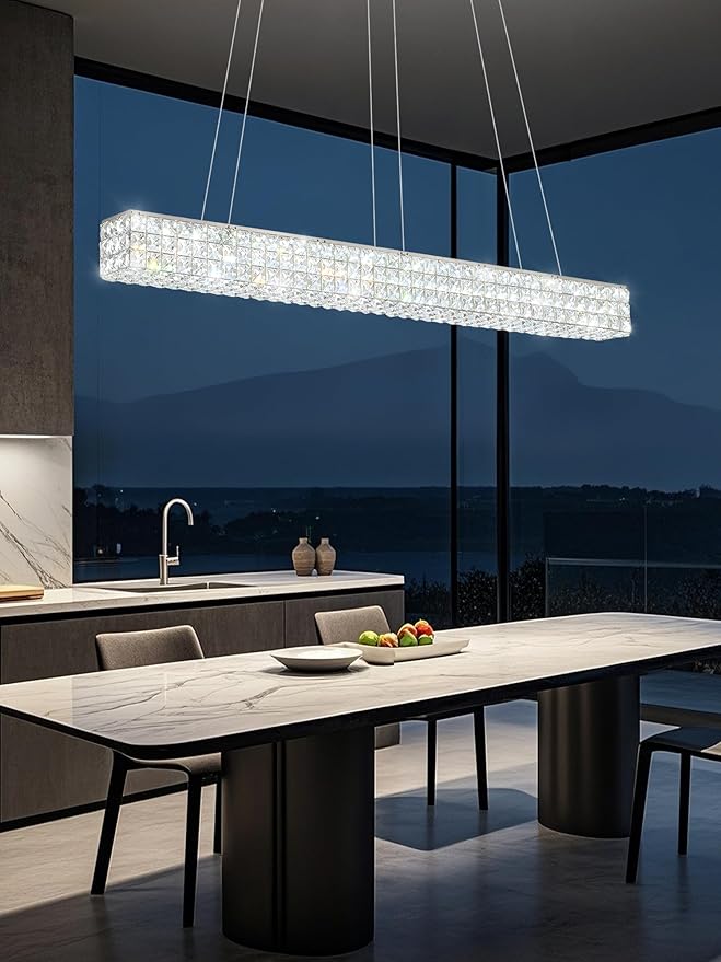 W48 Modern Rectangular Crystal Chandeliers Dining Room Chandelier,Silver Pendant Light Fixture with Remote Control for Living Room Kitchen Island-Ruum Studio Home