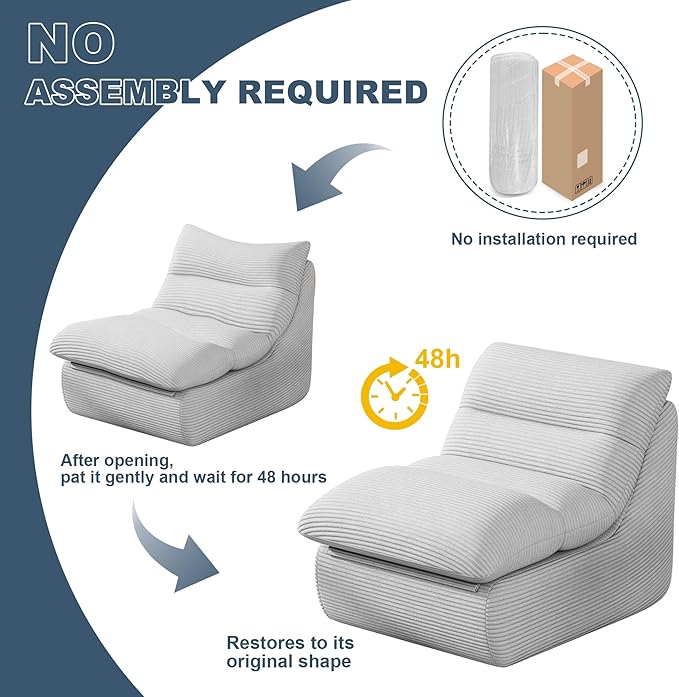 Misolant Bean Bag Chairs，Big Corduroy Fabric Sofa Bean Bag Chair for Adults and Teens with High-Resilience Sponge, Non-Slip Base Floor Lounge Sofa for Home, Living Room, Bedroom, Gaming Light Gray-Ruum Studio Home