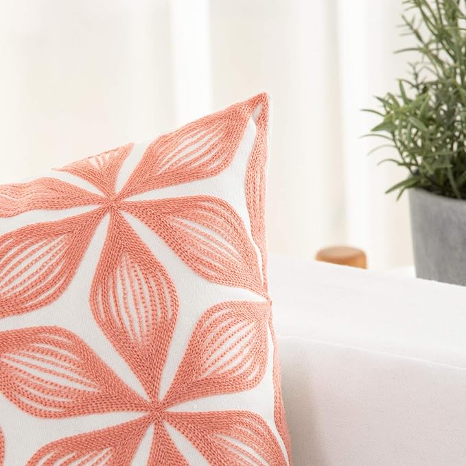 HWY 50 Coral Pink Decorative Throw Pillow Covers 18x18 Inch (1 Piece), Embroidered Cotton Farmhouse Cushion Cover Pillow Case for Sofa Couch Living Room Bed, Fashion Geometric-Ruum Studio Home