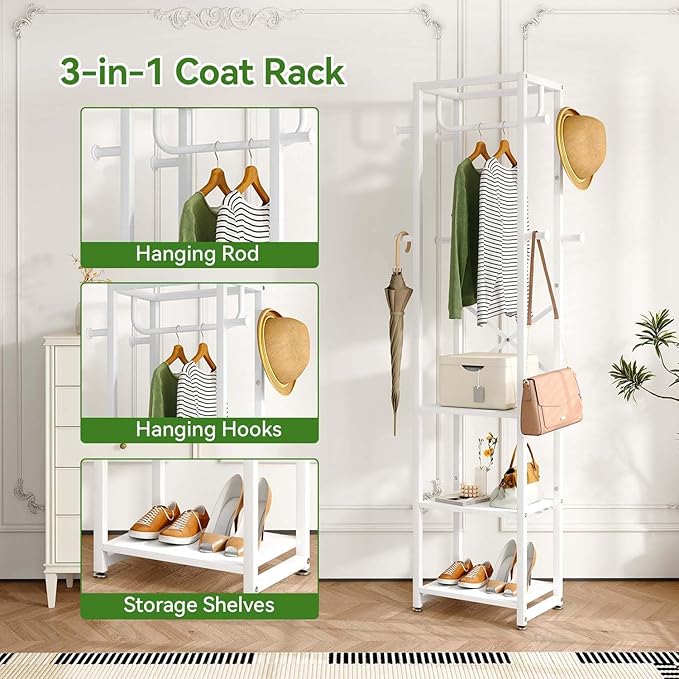IBUYKE Coat Rack with Shelves, Freestanding Hall Tree with 3 Shelves and 8 Hooks, Industrial Clothes Stand for Entryway, Hallway, Bedroom, White UTMJ088W-Ruum Studio Home