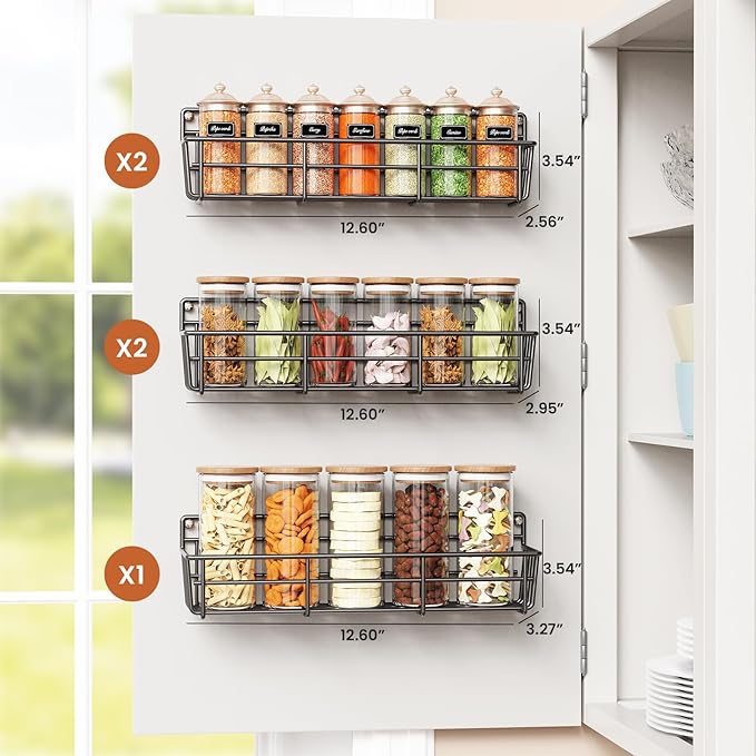 5 Pack Spice Rack Seasoning Organizer Wall Mount, Screw or Adhesive Hanging Shelf Basket Spice Organizer Shelf for Kitchen, Black-Ruum Studio Home