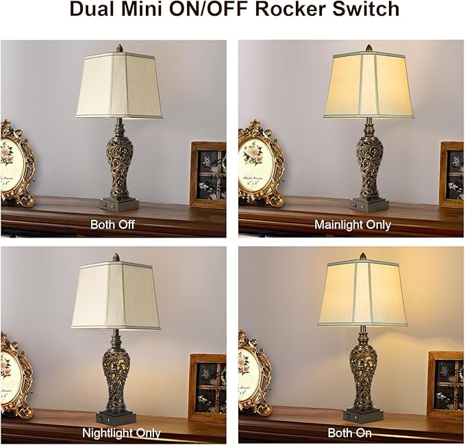 28.5" high Vintage Brown Table Lamps Set of 2 - Bedside Lamp with Faux Silk Shades - for Bedroom and Living Room with USB and Nightlight - Perfect for Nightstands and Bedrooms (Bulb Included)-Ruum Studio Home