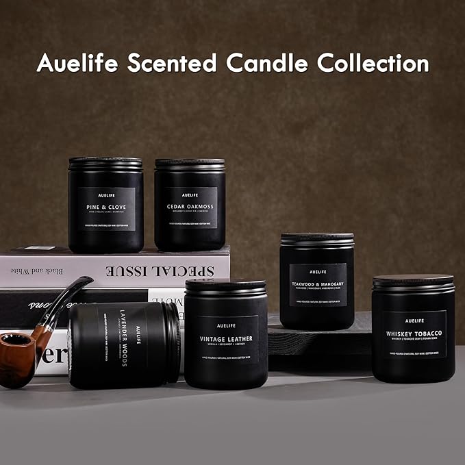 Teakwood & Mahogany Candle | Masculine Candles for Men, Gifts for Men - Soy Candle for Home Scented - Scented Candles for Home, Aromatherapy Gifts Long Lasting Burn Time - 7oz Black Jar-Ruum Studio Home