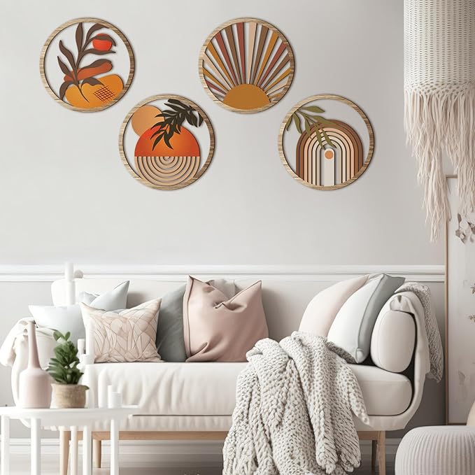 Qunclay 4 Pieces Boho Wall Art Wooden Bohemian Wall Decor Hanging Art Nursery Decor Farmhouse Geometric Hanging 10 Inch Aesthetic Wood Minimalist for Apartment Bedroom(Stylish)-Ruum Studio Home