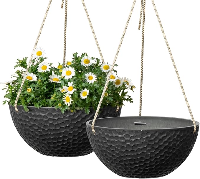 LA JOLIE MUSE Hanging Planters for Indoor Plants, Medium Hanging Planters with Drain Holes, Outdoor Hanging Flower Pots, Matte Black, Honeycomb (10 Inch, Set of 2)-Ruum Studio Home