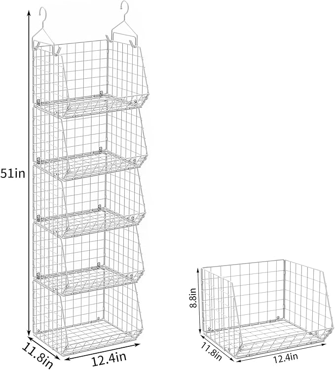 5 Tier Closet Hanging Organizer, Clothes Hanging Shelves with 4 Hanging Hooks 5 S Hooks, Wire Storage Basket Bins, for Clothing Sweaters Shoes Handbags Clutches Accessories Patent Design-White-Ruum Studio Home
