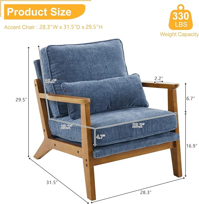 Karl home Accent Chair Wide Armrest Mid-Century Lounge Chair Chenille Armchair with Lumbar Pillow & Solid Wood Frame for Living Room, Bedroom, Balcony, Dusty-Blue-Ruum Studio Home