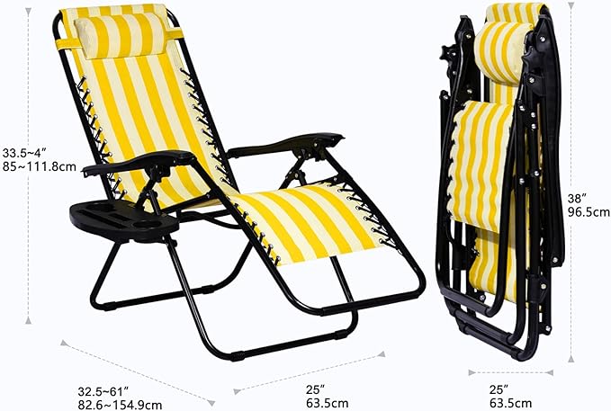 Nazhura Set of 2 Relaxing Recliners Patio Chairs Adjustable Steel Mesh Zero Gravity Lounge Chair Beach Chairs with Pillow and Cup Holder (Yellow Stripe)-Ruum Studio Home