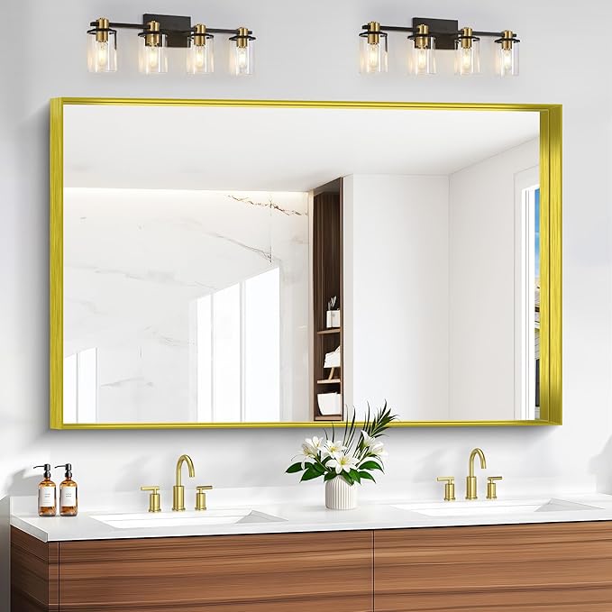 Gold Bathroom Mirror, 36x55 Inch Rectangular Deep Frame Mirror, Large Wall Mounted Bathroom Vanity Mirror Over Sink for Bedroom,Restroom, Living Room, Hangs Vertically or Horizontally-Ruum Studio Home