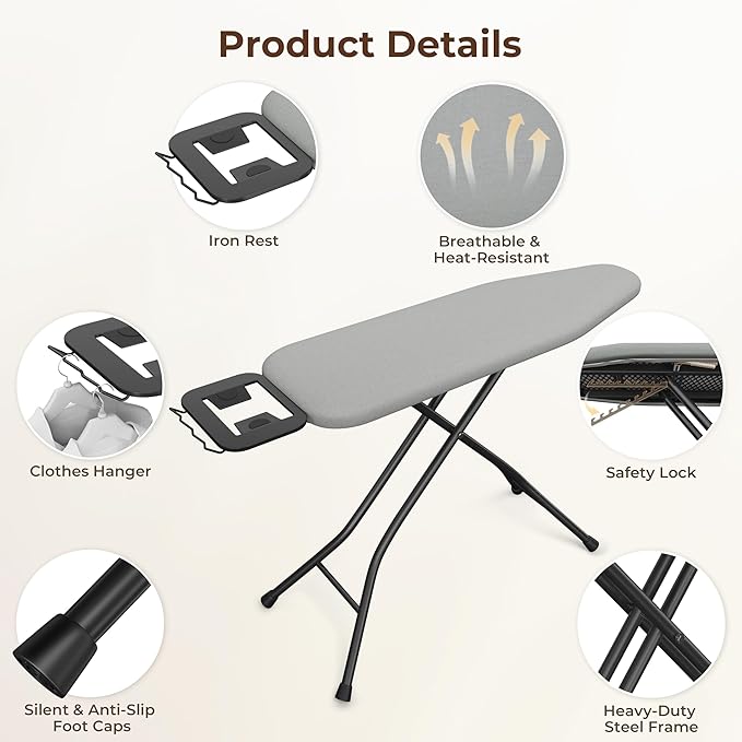 Yaheetech Foldable Ironing Board, Heavy Duty Iron Board with 9 Adjustable Heights, 4 Layer Cover and Safety Iron Rest, 52X14 Compact and Space Save Iron Board for Home Laundry Room Use, Gray-Ruum Studio Home