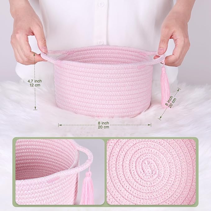 Empty Gift Basket – SweetMemo Mini Woven Rope Organizer Baskets for Gifting, Baby Shower, Desk, Makeup Brushes, Bathroom, Shelves – Small Decorative Storage Bin with Gift Bag & Ribbon – Blush Pink-Ruum Studio Home