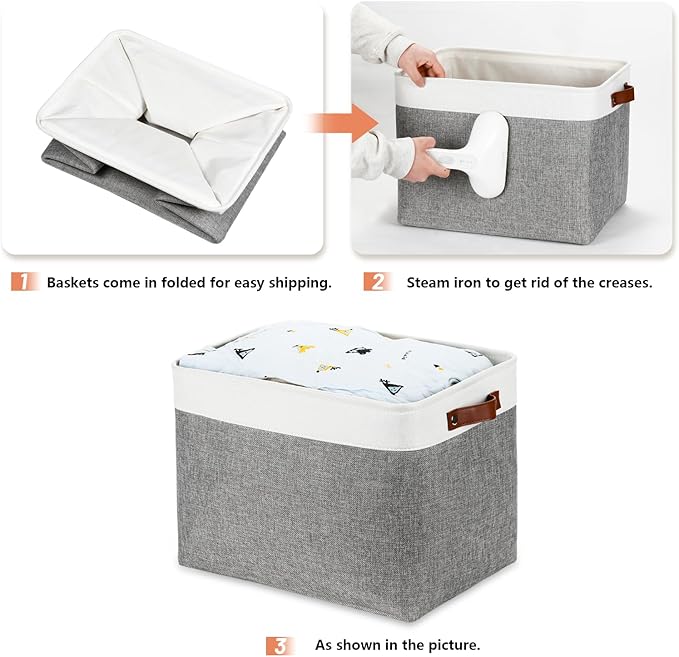 DULLEMELO Large Storage Baskets, Fabric Storage Basket with Leather Handles for Shelves Closet Nursery Toy Storage, Collapsible Fabric Baskets for Toy Book Magazine Towel Organizers(White&Gray)-Ruum Studio Home
