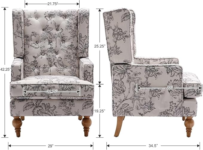DUOMAY Tufted Accent Chair, Modern Linen Upholstered Wingback Side Arm Chair for Living Room Bedroom with Wood Legs, Comfy Reading Guest Chair for Office, Beige Flower Pattern-Ruum Studio Home