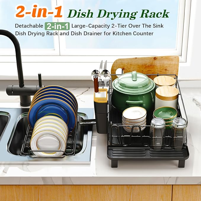 Runnatal Large Dish Drying Rack with Drainboard Set, Stainless Steel Detachable 2-in-1 Large-Capacity 2-Tier Over The Sink Anti-Rust Dish Rack and Dish Drainer for Kitchen Counter-Ruum Studio Home
