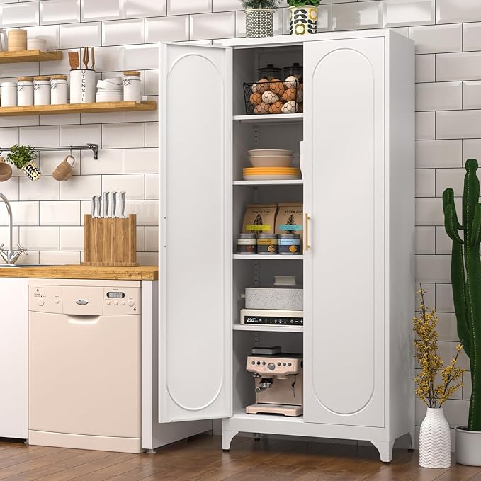 Metal Storage Cabinet with Doors and Shelves, 75 Inch Tall Kitchen Pantry Cabinet, Pantry Cabinets for Kitchen Storage, Freestanding Cupboard for Living, Dining Room, White, Assembly Required-Ruum Studio Home