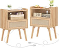 Lerliuo Rattan Nightstands Set of 2 with Charging Station, Boho Night Stand with Handmade Natural Rattan Drawer and Open Shelf, Side End Tables with Solid Wood Legs for Bedroom, Dorm, Small Spaces-Ruum Studio Home
