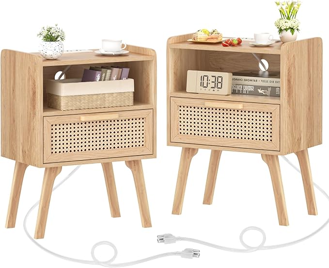 Lerliuo Rattan Nightstands Set of 2 with Charging Station, Boho Night Stand with Handmade Natural Rattan Drawer and Open Shelf, Side End Tables with Solid Wood Legs for Bedroom, Dorm, Small Spaces-Ruum Studio Home
