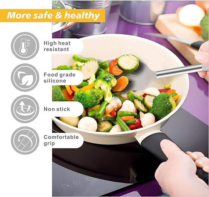 5-Piece Silicone Kitchen Tool Set, BPA-Free, Heat-Resistant, Non-Stick & Dishwasher-Safe, with Slotted/Solid Spoons & Spatulas for Frying, Mixing, Draining – Includes Multi-Purpose Serving Hook(Khaki)-Ruum Studio Home