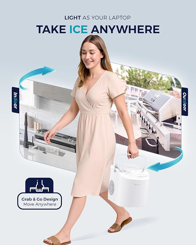 EUHOMY Countertop Ice Maker Machine with Handle, 26lbs Per Day, 9 Ice Cubes Ready in 6 Mins, Auto-Cleaning Portable Ice Maker with Basket and Scoop, for Home/Kitchen/Camping/RV (White)-Ruum Studio Home