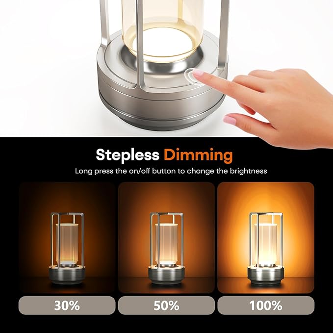Portable Metal Table Lamp for Indoor/Outdoor ,Rechargeable Cordless LED Lamp, 3-Colour Infinitely Dimming Battery Powered Small Desk Lamp, Restaurant/Bedroom/Bar/Coffee/Camping Light (Sliver Set of 2)-Ruum Studio Home