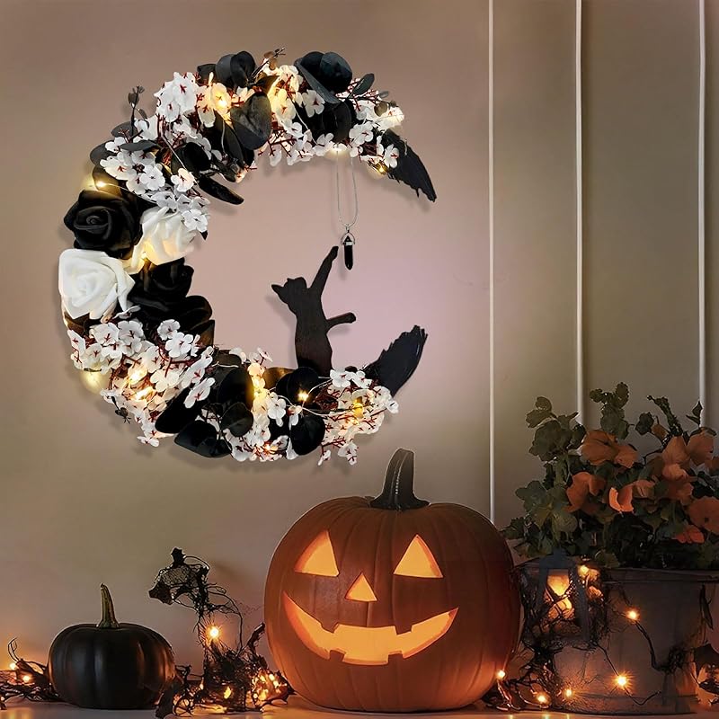 Halloween Wreaths for Front Door with Light, Black Cat Crescent Moon Wreath, Cute Cat Garland Halloween Door Decorations for Outdoor Indoor Decor Wall Window Home Party-Ruum Studio Home