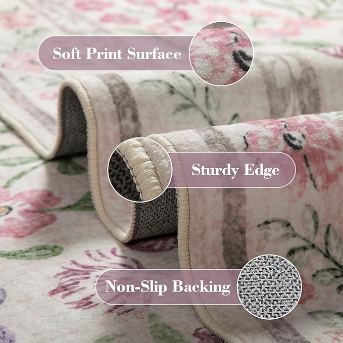 Wonnitar Purple Floral 8x10 Area Rugs, Washable Rug for Living Room, Soft Ultra-Thin Non-Shedding Large Indoor Boho Carpet for Bedroom Nursery Playroom Classroom Decor, Light Purple/Pink-Ruum Studio Home