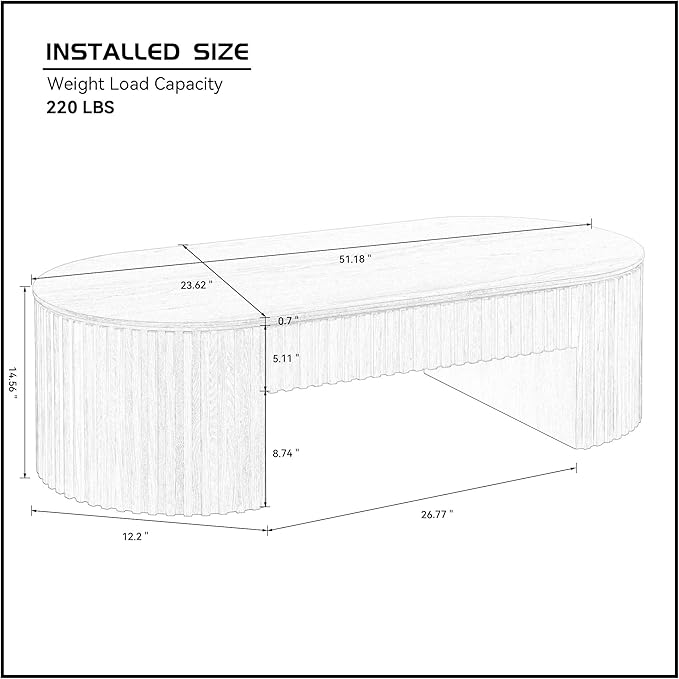 51.18'' Oval Coffee Table for Living Room Fluted Center Table with Drawer, Mid Century Modern Coffee Tables, Easy Assembly for Office Storage Tea Table Oak-Ruum Studio Home