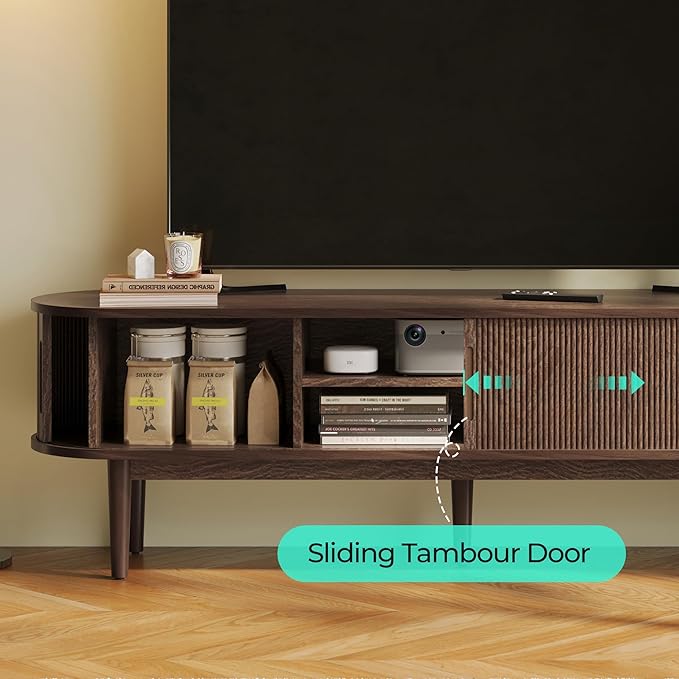 LINSY HOME TV Stand for 65" TV, Mid-Century Modern 58" Entertainment Center with Sliding Tambour Door and Storage Cabinet, Cruved TV Media Console Table for Living Room, Bedroom, Walnut-Ruum Studio Home