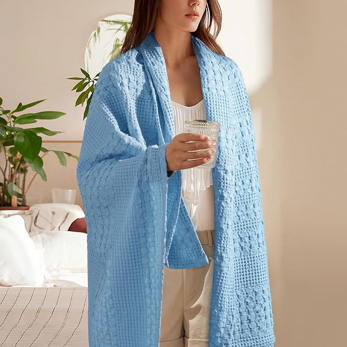 PHF 100% Cotton Waffle Weave Throw Blanket, Soft Lightweight Breathable Cozy Summer Throws for Couch Bed Sofa, Luxury Aesthetic Woven Blanket for Home Decor & Office, 50"x60", Sky Blue-Ruum Studio Home