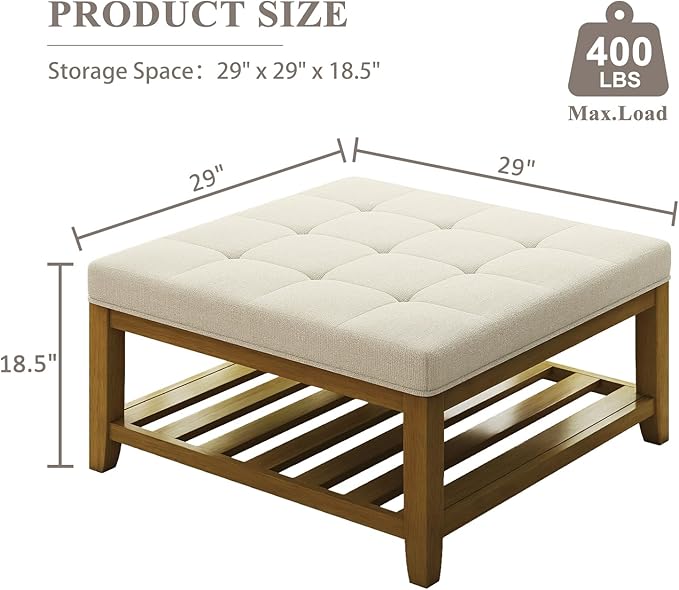 Large Square Ottoman Coffee Table, Linen Solid Upholstered Footrest Ottoman with Solid Wood Shelf Storage Tufted Coffee Table for Bedroom Living Room, Ivory-Ruum Studio Home