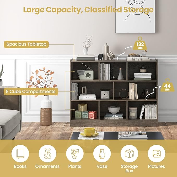 Tangkula 8-Cube Bookcase, Wood 3 Tier Open Storage Bookshelf, Modern Multipurpose Display Cabinet for Living Room, Study, Reading Nook, 48 x 12.5 x 36.5 Inch, Grey-Ruum Studio Home