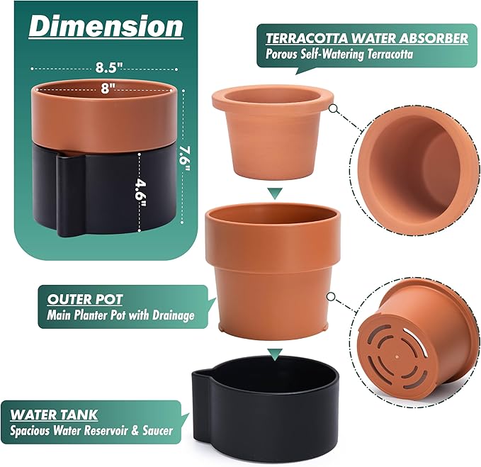 8 Inch Self-Watering Planter Pot with Terracotta Insert, Deep Water Reservoir, and Ceramic-Alike BPA-Free Plastic Planter Pot for Plant, Modern Planter for Houseplants, Black/Terracotta, 53-B-T-5-Ruum Studio Home