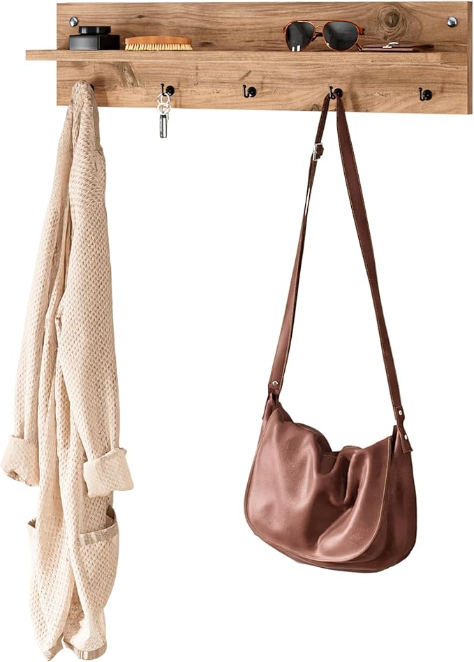 Modern Wall-Mounted Coat Rack with Shelf and Hooks - Wooden Entryway Organizer (Brown)-Ruum Studio Home
