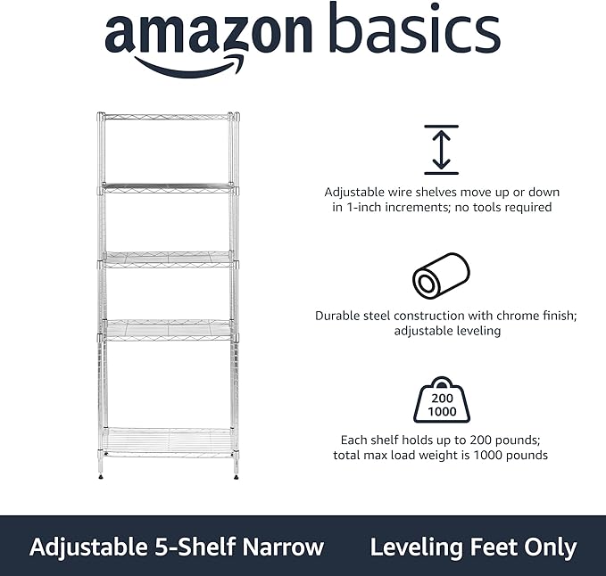 Amazon Basics 5-Shelf Adjustable, Storage Shelving Unit, (200 Pound Loading Capacity per Shelf), Steel Organizer Wire Rack, 23.2 x 13.4 x 60 inches (LxWxH), Chrome-Ruum Studio Home