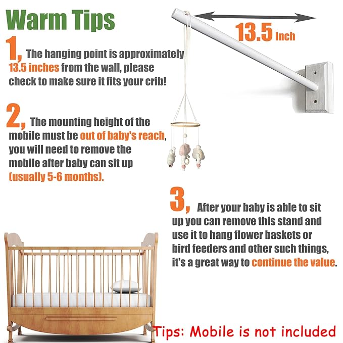 Crib Mobile Wooden Arm, Wall Mounted Suitable for All Cribs 100% Natural Larch Hanger Nusery Decor Baby Room Safe Holder(Mobile is not Included-Ruum Studio Home