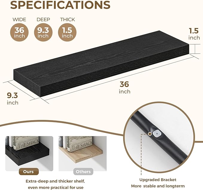 36 Inches Floating Shelves for Wall, 9.3" Deep Long Floating Shelves Set of 2, Large Display & Storage Shelf, Wall Shelf for Bathroom Bedroom Living Room Kitchen Office, Black-Ruum Studio Home