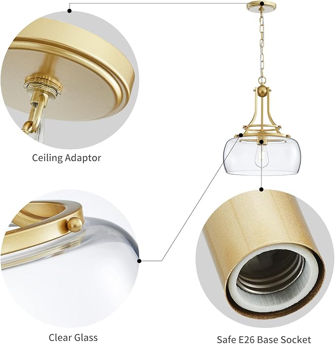 WUZUPS Chandelier Rustic Farmhouse Industrial Round Ceiling Pendant LED Light Fixture with Clear Glass Shades for Dining Room Kitchen Island Foyer Entryway, H 17" x W 13.4", E26 Base, Gold-Ruum Studio Home
