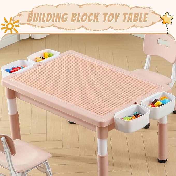Multi Functional Kids Table and 2 Chairs Set, Graffiti & Building Blocks Double-Sided Tabletop, Toddler Play Table with Drawers, Large Storage Space, Gift for Boys/Girls, Pink-Ruum Studio Home