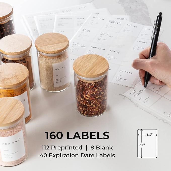Empty Spice Jars with Label Pack (12x Bamboo Lid Glass Jar). Small 6oz Spice Storage Bottles with 112 Printed Stickers and 48 Writable Pantry Labels for Seasoning Containers-Ruum Studio Home