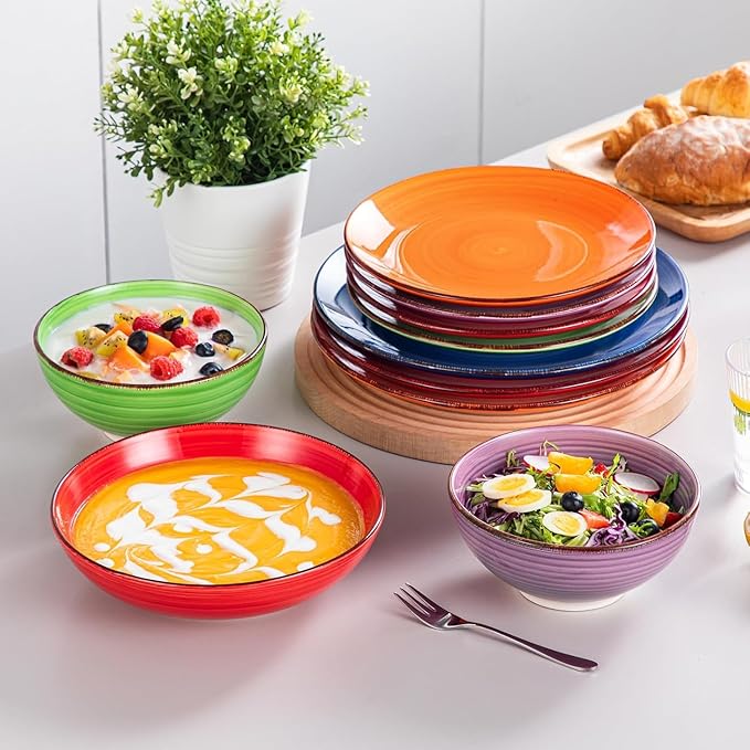 vancasso Bonita Dinnerware Sets, 24 Pieces Multicolor Stoneware Dinner Set for 6, Handpainted Spirals Pattern Ceramic Plates and Bowls Sets Kitchen Plate Set-Ruum Studio Home