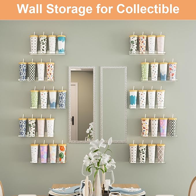 upsimples 16 Pack Acrylic Shelves for Wall Storage, 15" Floating Bookshelves for Kids, Display Shelf Organizer for Bathroom, Bedroom, Living Room, Kitchen, Room Decor, Clear-Ruum Studio Home