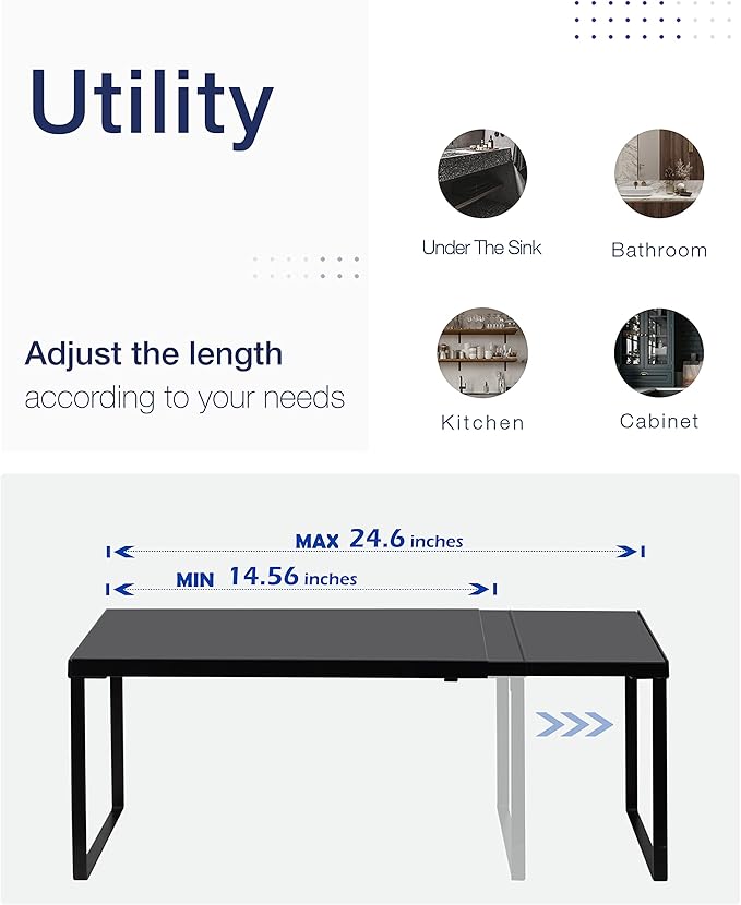 Nxconsu Cabinet Shelf Expandable Organizer Riser Rack for Kitchen Pantry Cupboard Under Sink Countertop Home Organization Extra Storage Space Saver Heavy Duty Metal Edgeless Design Black-Ruum Studio Home