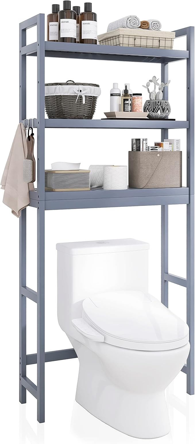 SMIBUY Bathroom Storage Shelf, Bamboo Over-The-Toilet Organizer Rack, Freestanding Toilet Space Saver with 3-Tier Adjustable Shelves (Grey)-Ruum Studio Home