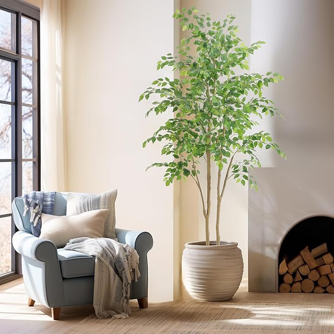 Tall UV Resistant Ficus Tree Artificial，7ft(84in) Realistic Texture Potted Faux Ficus Tree， Fake Trees Indoor Outdoor for Home Office Living Room Bedroom Foyer Porch Decor.-Ruum Studio Home