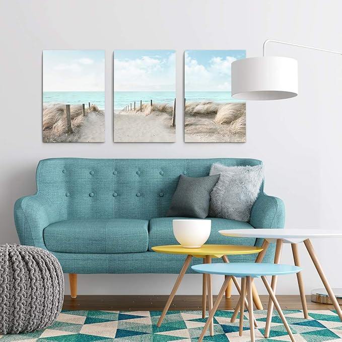 3 Piece Large Canvas Bedroom Wall Art Beach Blue Sea Blue Sky Print Picture Framed Wall Decor for Living Room Bathroom Modern Home Decor Artwork Ready to Hang Coastal Wall Decorations Size 16x24x3-Ruum Studio Home