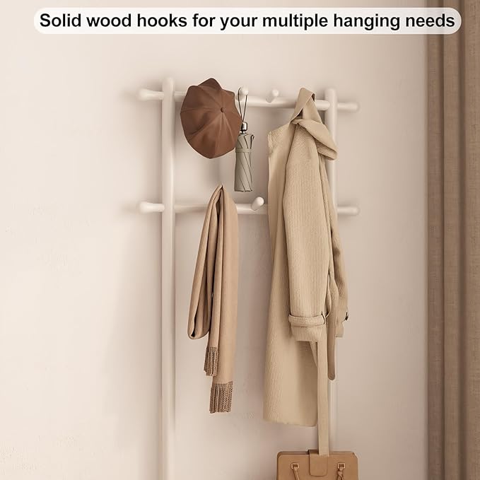Coat Rack with Shoe Storage, Narrow Wooden Hall Tree with Bench, 11 Hooks and 2-Tier Storage Shelves, 3-in-1, Entryway Bench with Coat Rack (23.6"-Deep White)-Ruum Studio Home
