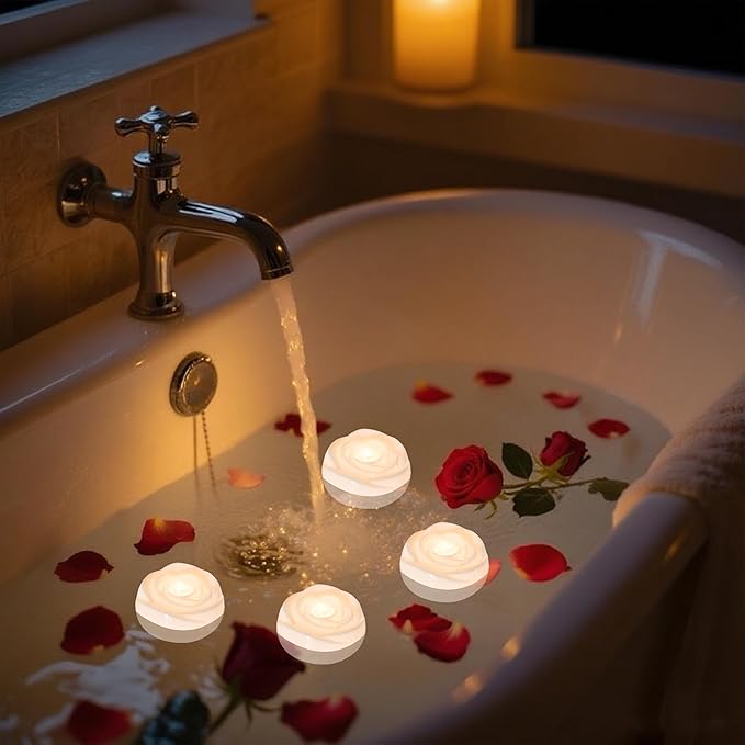 Aignis 6pcs Flameless LED Floating Candles, White Rose Plastic Tealights Battery Operated, 120+ Hours Glow Time, Cozy Light for Romantic Pool/Bathtub/Hot Bath/Wedding Centerpiece Decor(D2.83*H1.42)-Ruum Studio Home