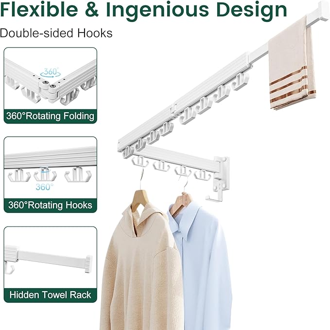 Wall Mounted Clothes Drying Rack, Laundry Drying Rack Wall Mount, 3-Fold Drying Rack Clothing, Foldable Clothes Drying Rack with 12 Dual Hooks Organization for Laundry Room Indoor - White-Ruum Studio Home